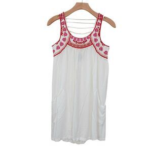 For Cynthia Beachwear Mini Dress Womens XS White Embroidered Bohemian Boho